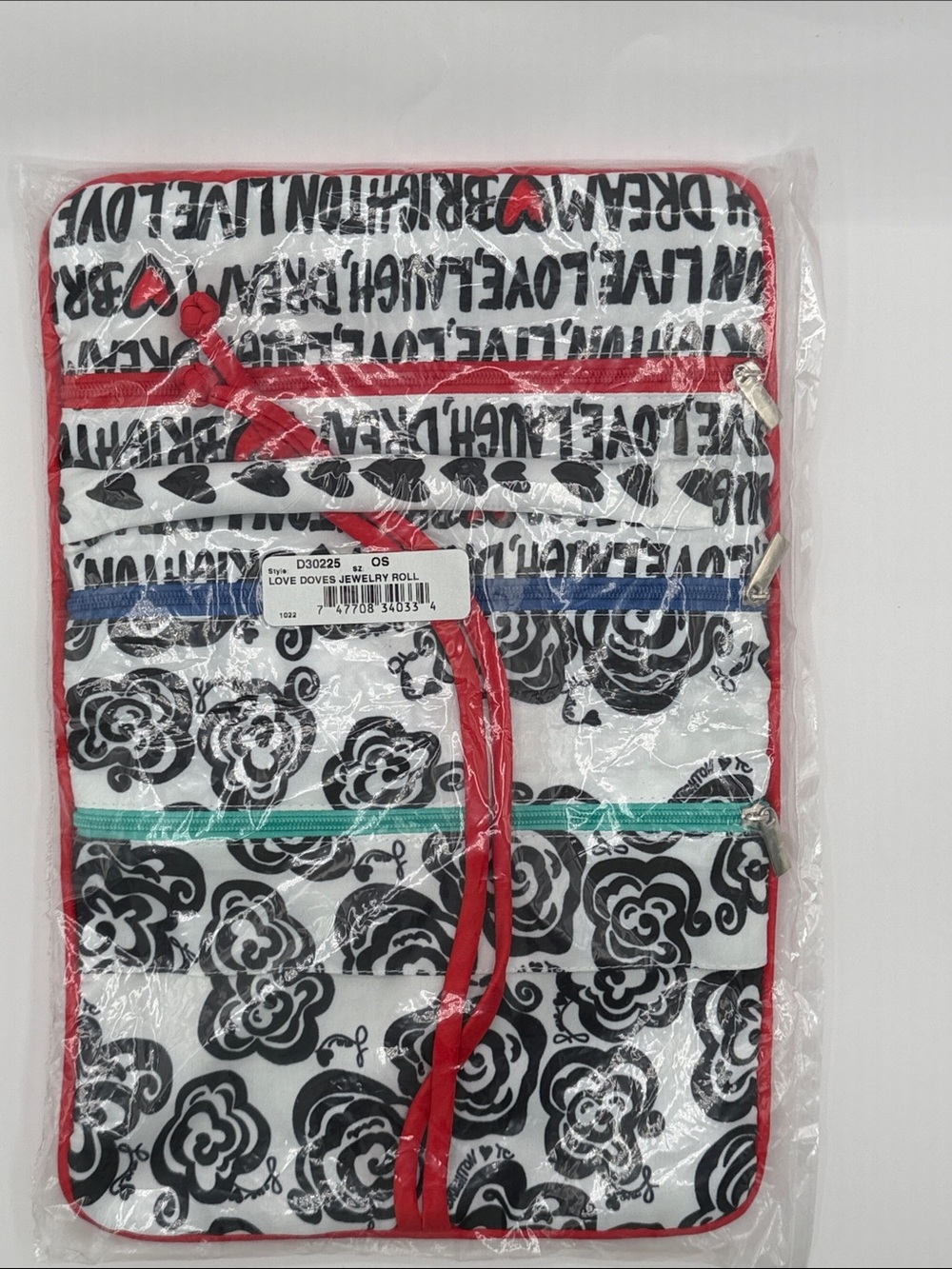 Brighton Love Doves Jewelry Roll - Black & White Floral with Red Trim
